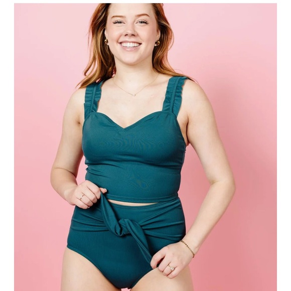 NWT Kortni Jeane Tie-Up-Front Bottoms | Ribbed Midnight Teal medium - Picture 2 of 7